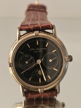 VIintage Jules Jurgensen Classic Gold-Tone Watch with Brown Leather Strap